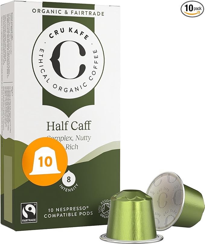 Cru Kafe USDA Organic Half Caff Espresso Coffee Capsules (10 Pods) Fairtrade Coffee Pods Compatible