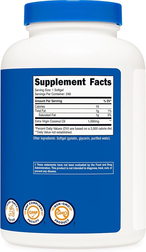 Nutricost Coconut Oil Softgels (1000mg) 240 Softgels - Extra Virgin Coconut Oil - Gluten Free and