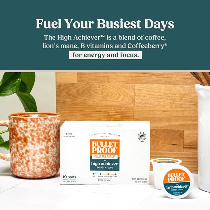 Bulletproof The High Achiever Single-Serve Pods, 10 count, Medium-Dark Roast Enhanced Coffee with
