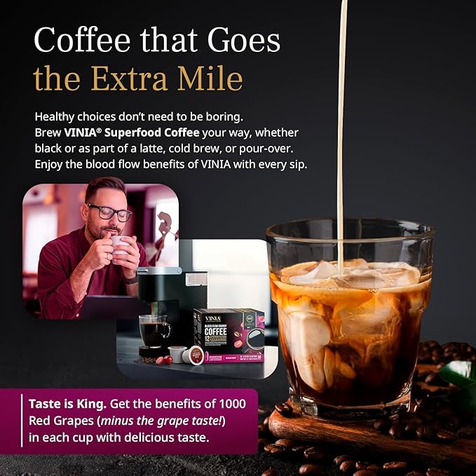 VINIA Blood Flow Energy Coffee Pods - Medium Roast Infused with Red Grape Piceid Resveratrol for