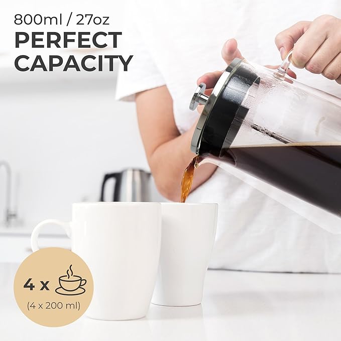 Kaffe Glass French Press Coffee Maker (27oz / 0.8L) - Double-Wall Insulated Borosilicate Glass