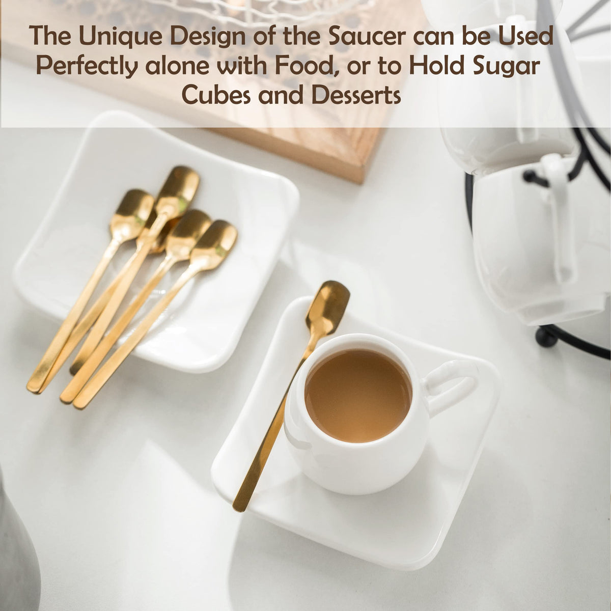 LYEOBOH Espresso Cups with Saucers Set, Porcelain Coffee Cups and Metal Stand and Spoons, Small