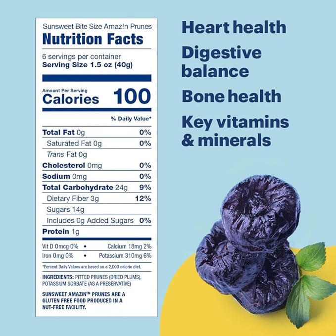 Sunsweet Amazin' Prunes - Bite Size Prunes Pitted Unsweetened & Dried - Gluten Free, Vegan, Low Fat