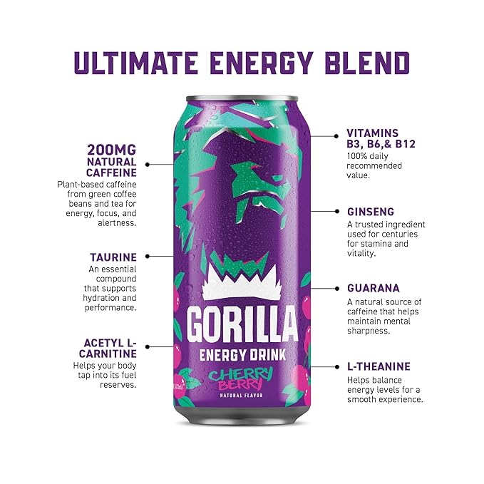 Gorilla Energy Drink, Cherry Berry, 200mg Natural Caffeine, Real Fruit Juice Squeezed &