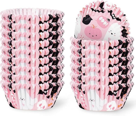 300Pcs Halloween Cupcake Liner Pink Boo Ghost Baking Cup Paper Muffin Cupcake Wrapper for Trick or
