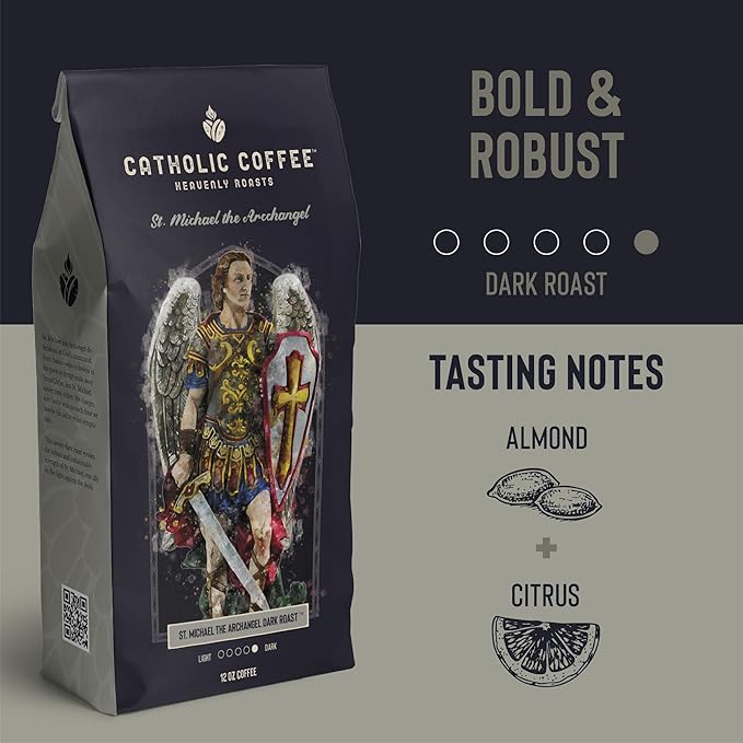 Catholic Coffee St. Michael | Dark Roast Ground Coffee ??Almond & Citrus Notes | 12oz Bag ??Premium