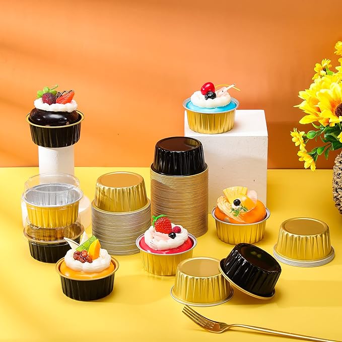 120 Pcs Aluminum Foil Baking Cups Mini Cake Pans with Lids 5 oz Cupcake Liners Disposable Muffin