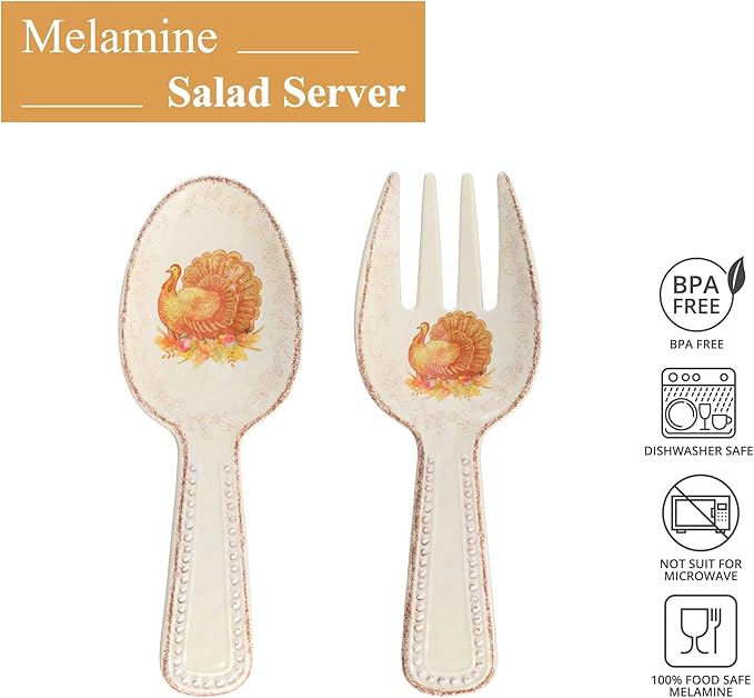 UPware Glitter Turkey Melamine Salad Servers, Serving Utensil Set, Includes Serving Fork and Spoon