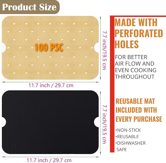 WMKGG Disposable Air Fryer Parchment Paper, 100 PCS Perforated Rectangular Air Fryer Liners for