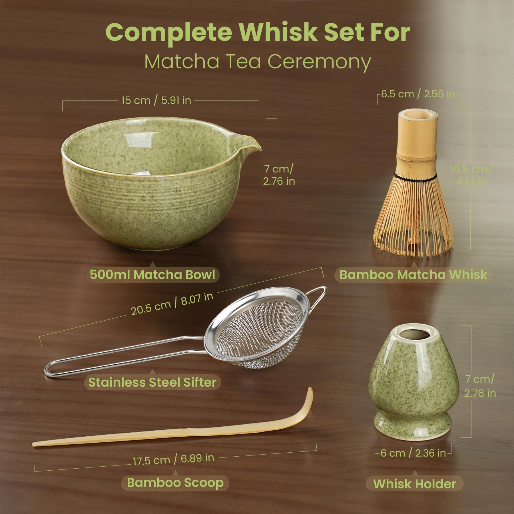 Matcha Whisk Set, Ceramic Bowl Matcha Kit & Handcrafted Bamboo Chasen, Complete 5 Pcs Matcha Set