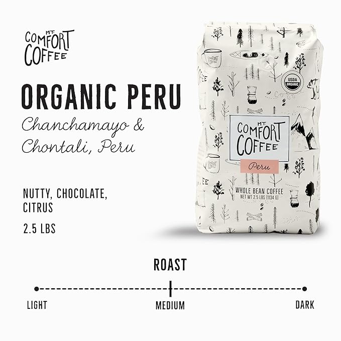 Mt. Comfort Coffee Organic Peru Medium Roast, 2.5 Pounds - Flavor Notes of Nutty, Chocolate, &