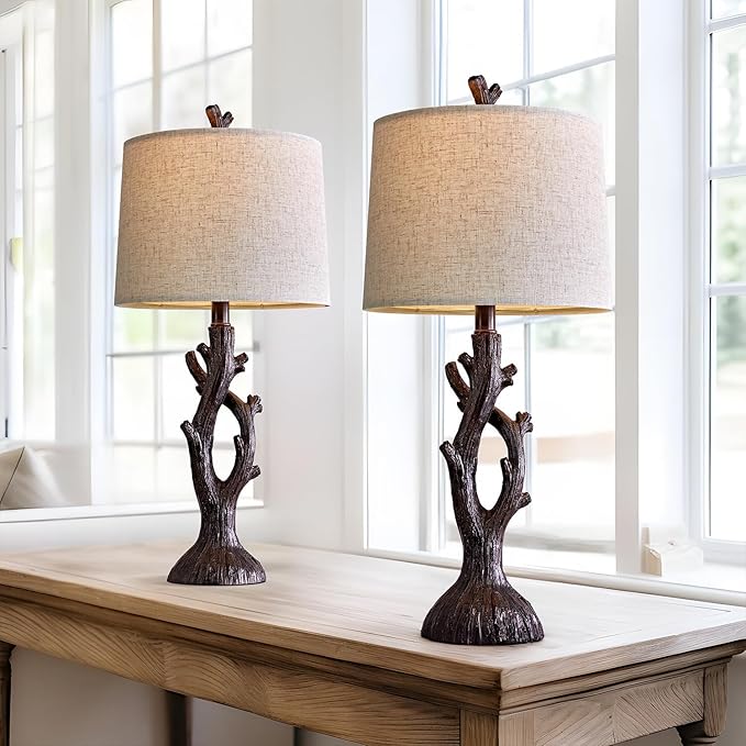 OYEARS 25" Farmhouse Table Lamp Set of 2 for Living Room Bedroom Resin Bedside Tree Lamp Nightstand