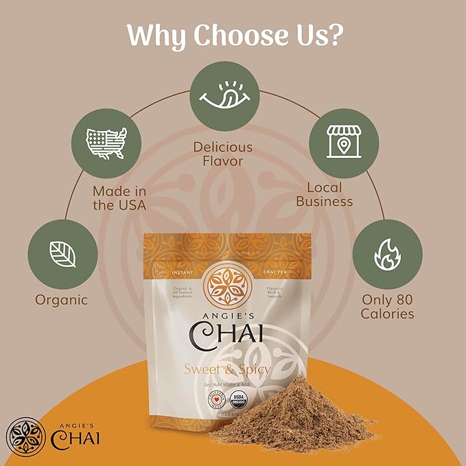 Angie's Chai Sweet & Spicy Organic Instant Chai Tea Powder - Made in USA, Delicious Spiced Chai