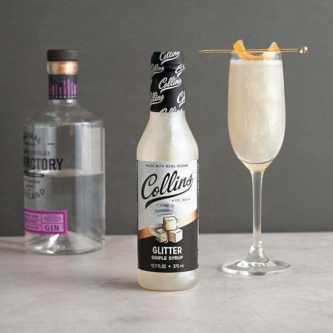 Collins Glitter Simple Syrup, Sparkle Cocktail Mixer with Edible Shimmer, Made with Real Sugar, No