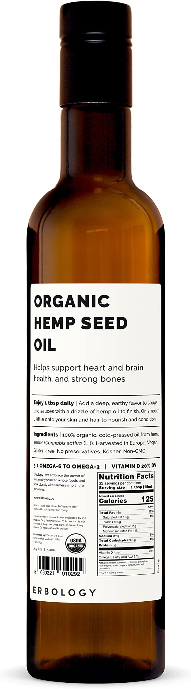 Erbology Organic Hemp Seed Oil 17 fl oz - Cold-Pressed - Rich in Omega-3 - Source of Vitamin D