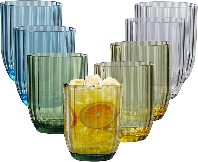 Acrylic Clear Highball Plastic Cups | Plastic Reusable Tumblers 15oz (Set of 8) | Stackable |