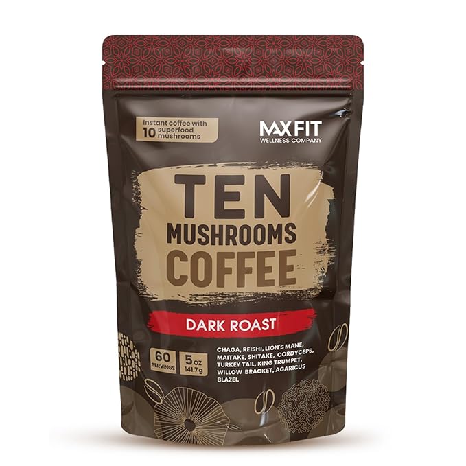 Instant Mushroom Coffee Dark Roast (60 Servings) With 10 Mushrooms (Lions Mane, Cordyceps, Turkey