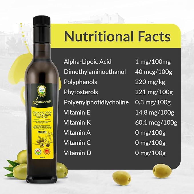 Louianna - Organic Extra Virgin Olive Oil, Low Acidity and High Polyphenol Olive Oil, Pure Olive