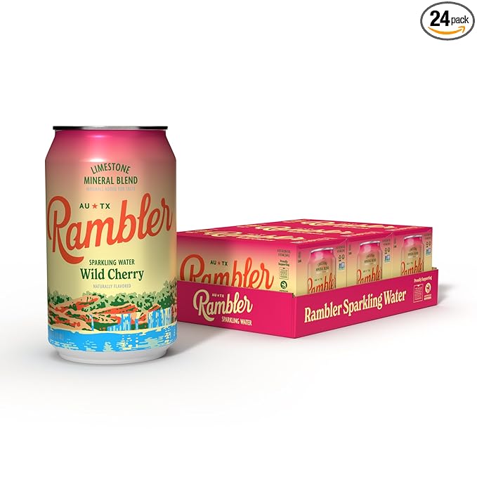 AUTX RAMBLER Sparkling Water, Texas Limestone Mineral Blend, Wild Cherry Flavor, 12-Ounce Cans