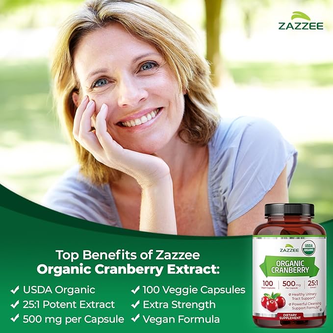 Zazzee USDA Organic Cranberry 25:1 Extract, 500 mg per Capsule, 100 Vegan Capsules, Over 3 Month