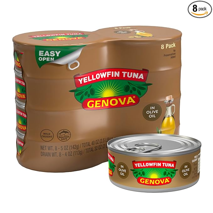 Genova Premium Yellowfin Tuna in Olive Oil, 5 Ounce Cans, 8-Pack – Nutrient Rich, High Protein