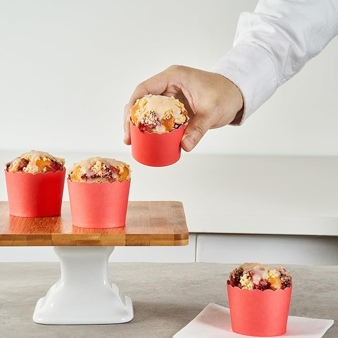 Panificio 3 Ounce Cupcake Wrappers, 200 Scalloped Baking Cups - Oven-Ready, Greaseproof, Red Paper