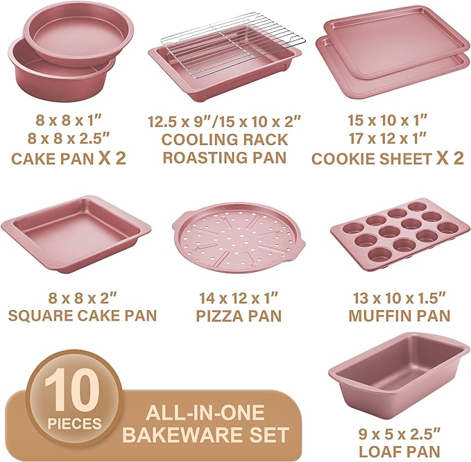 HONGBAKE Bakeware Sets, Baking Pans Set, Nonstick Oven Pan for Kitchen with Wider Grips, 10-Piece