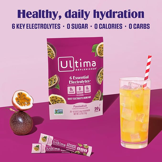 Ultima Replenisher Daily Electrolyte Powder Drink Mix ??Sugar Free ??Passionfruit, 20 Stickpacks