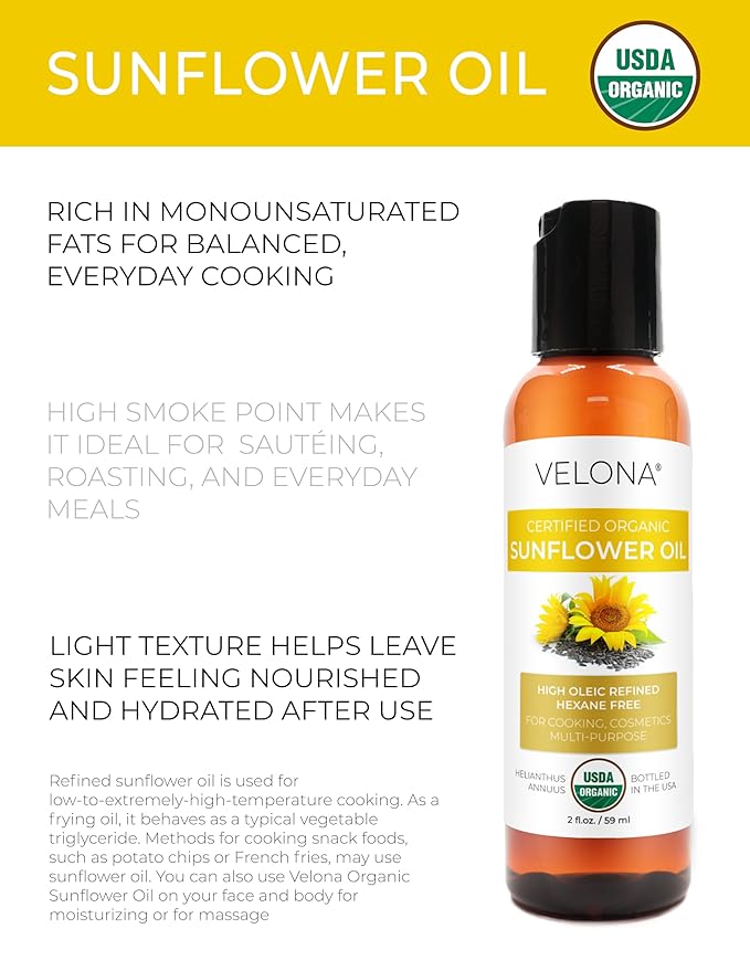 velona USDA Certified Organic Sunflower Oil - 2 Fl Oz | 100% Pure and Natural Carrier Oil | High