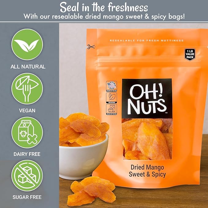 Oh! Nuts Dried Mango Sweet & Spicy - 1 lb - Sweetened Dried Fruit Slices - Packed in New York