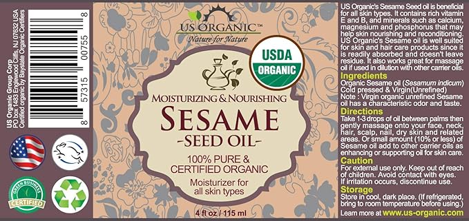 US Organic Sesame Seed Oil, USDA Certified Organic, Untoasted, Unrefined Virgin, 100% Pure &