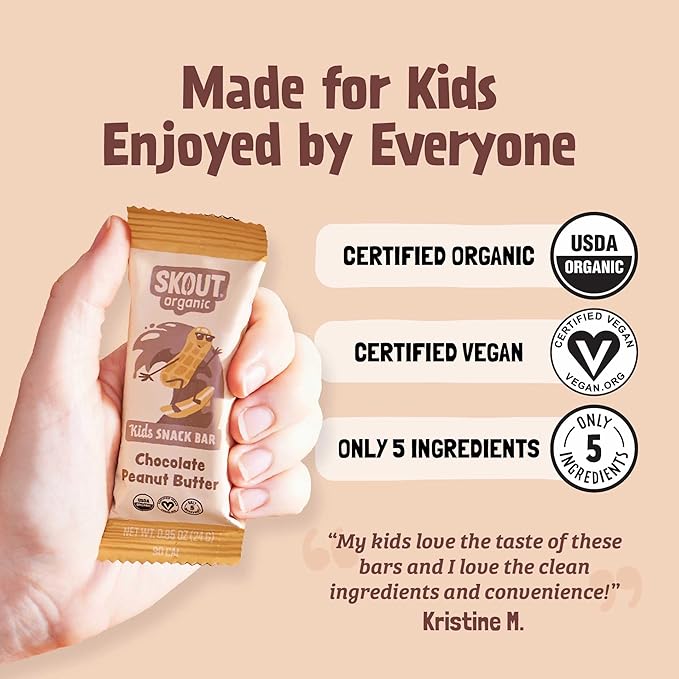 Skout Organic Chocolate Peanut Butter Kids Snack Bars (18 Pack) | Organic Kids Snack Bars | School