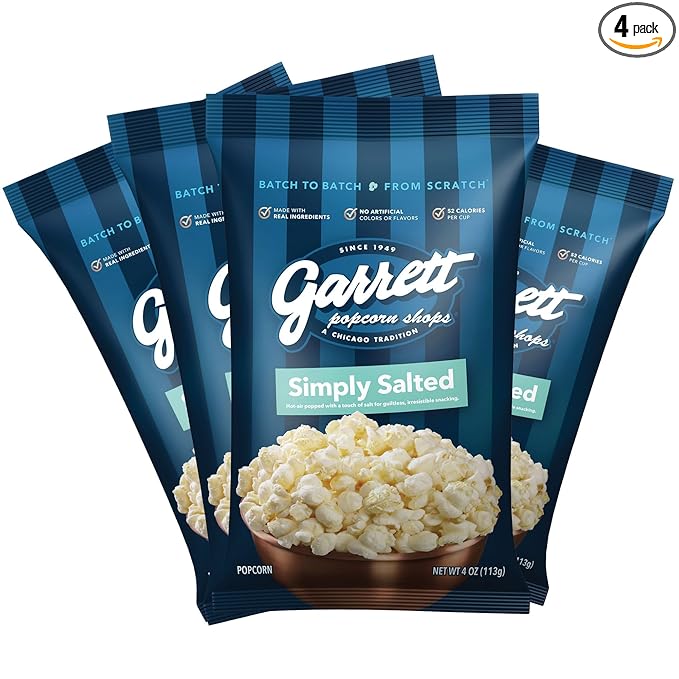Garrett Popcorn Simply Salted, 4.0oz, 4 Bags, Light Salty Snack, Vegan, Gluten Free, Only 3