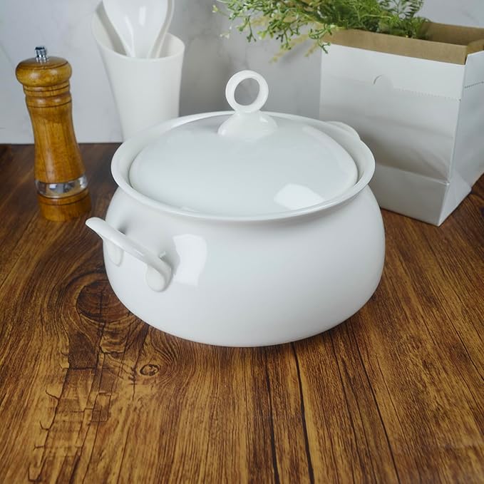 Ceramic Serving Soup Tureen Bowls with Lid and soup spoon, 2.4 QT White French Serving Tureen
