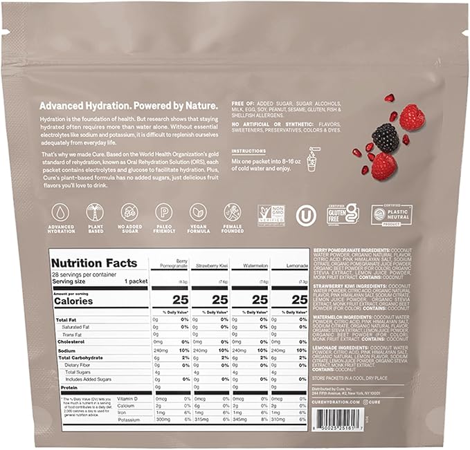 Cure Hydration | Plant-Based Electrolyte Drink Mix | No Added Sugar | FSA-HSA | Dehydration Relief