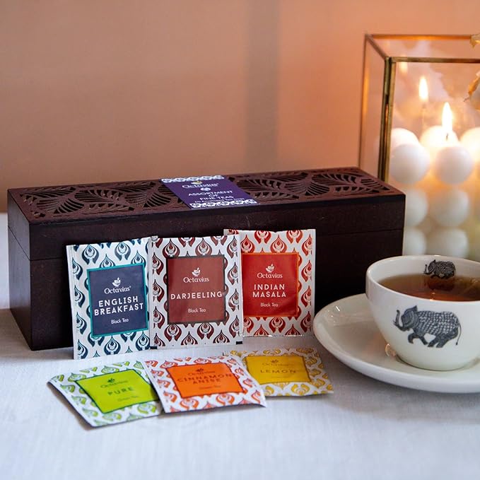 Octavius Gift's Select - Assorted Tea in Leafcut Design Wooden Box | 6 Flavors, 60 Tea Bags | Black
