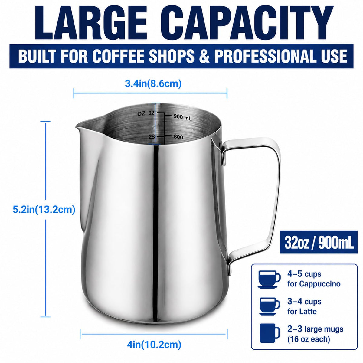 32oz Milk Frothing Pitcher for Coffee Shops, Large Stainless Steel Cup