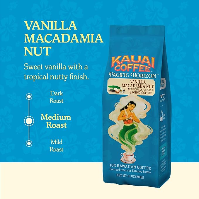 Kauai Hawaiian Ground Coffee, Vanilla Macadamia Nut Flavor - Gourmet Arabica Coffee From Hawaii's