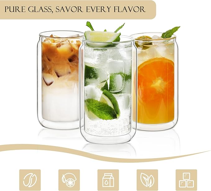 LIBWYS 16oz Double Wall Drinking Glass Cup with Bamboo Lid and Straw, 1 Pc Set ??Condensation