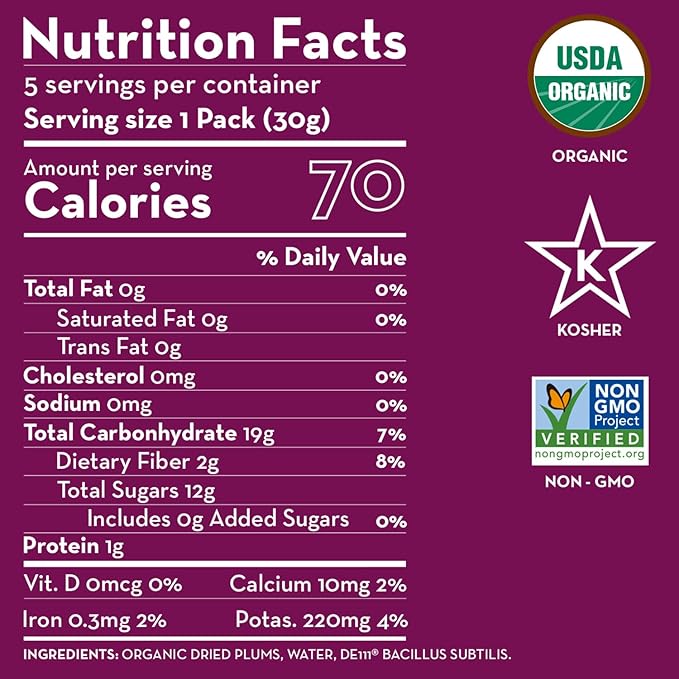 Sunny Fruit Organic Probiotic Pitted Prunes - 6 Bags (30 Individual Portion Packs) | No