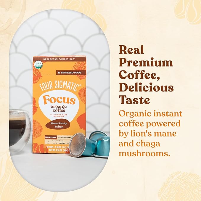 Four Sigmatic Focus Coffee Pods Compatible with Nespresso Original | Organic Medium Roast Espresso