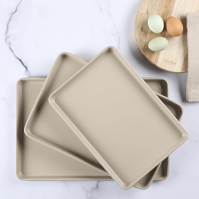 Martha Stewart Gallen 3-Piece Cookie Sheet Set ??13", 15", 17" Baking Pans, Ceramic Nonstick