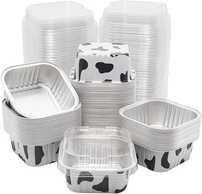 100 Pack 5oz Aluminum Pans with Lids Mini Square Foil Baking Cups with Lids Cupcake Baking Holders