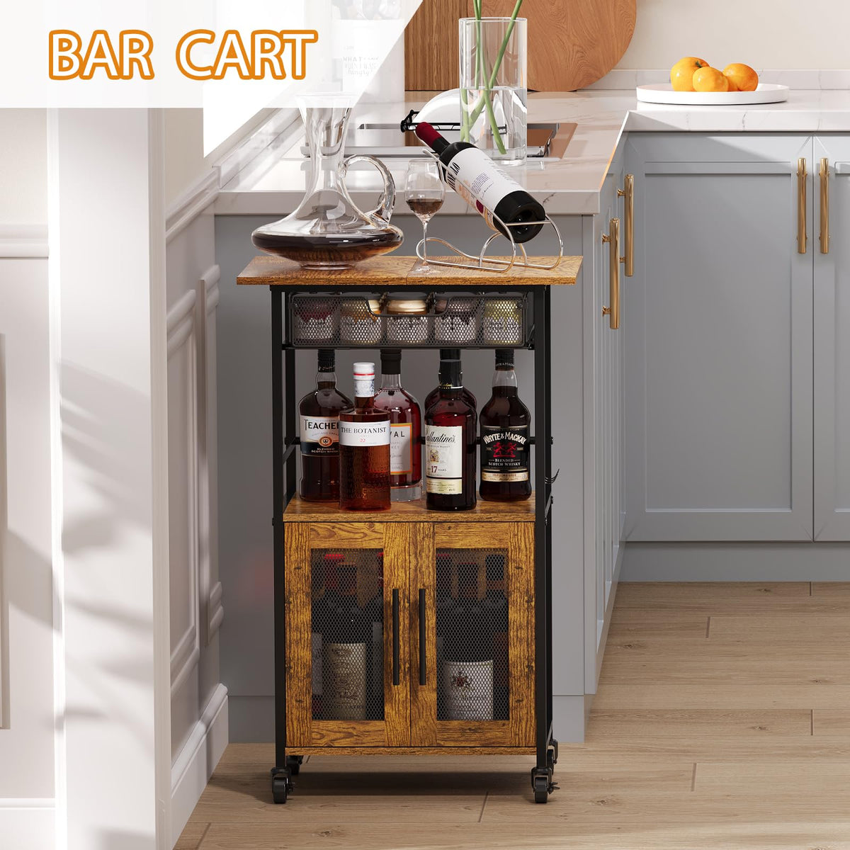 3 Tier Slim Rolling Coffee Cart with 2-Door & Pull-Out Wire Basket Drawer, Coffee Bar Cabinet on