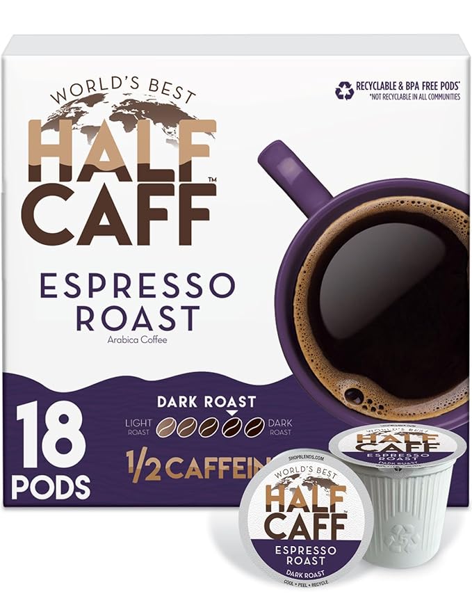 World's Best Half Caff Espresso Roast Coffee Pods, 18 ct, Dark Roast in Recyclable Single Serve