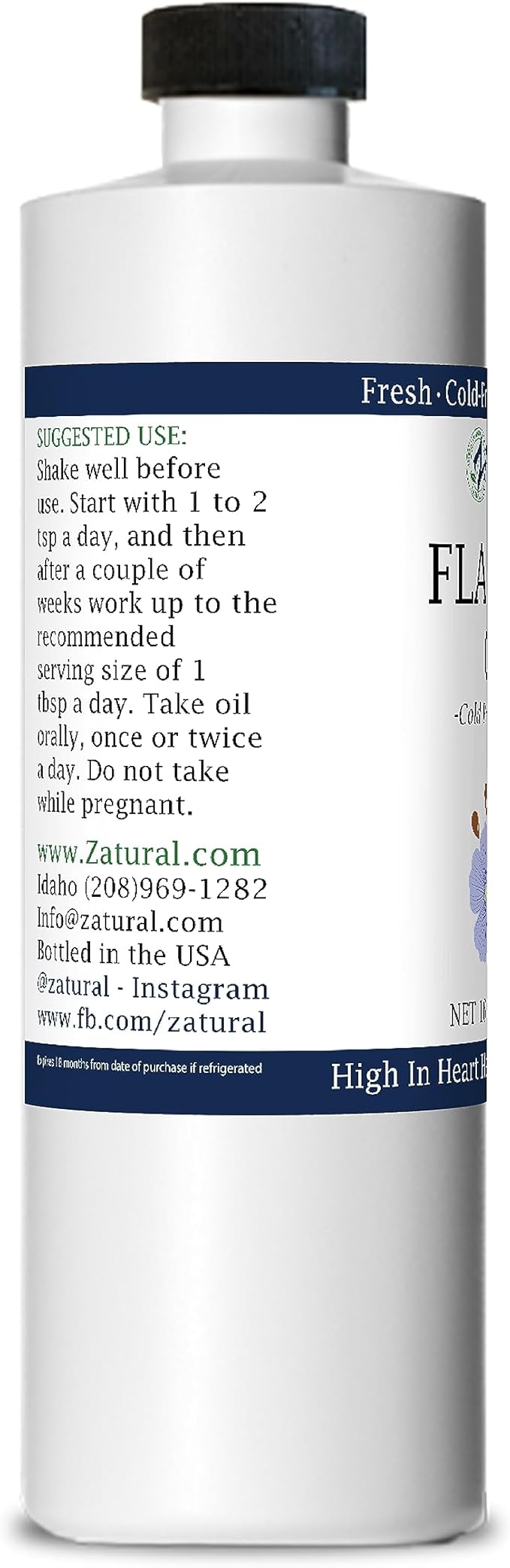 Zatural Flaxseed Oil Naturally Grown 100% Pure Flax Seeds Cold Pressed Vegan Omega Fatty Acids 16oz