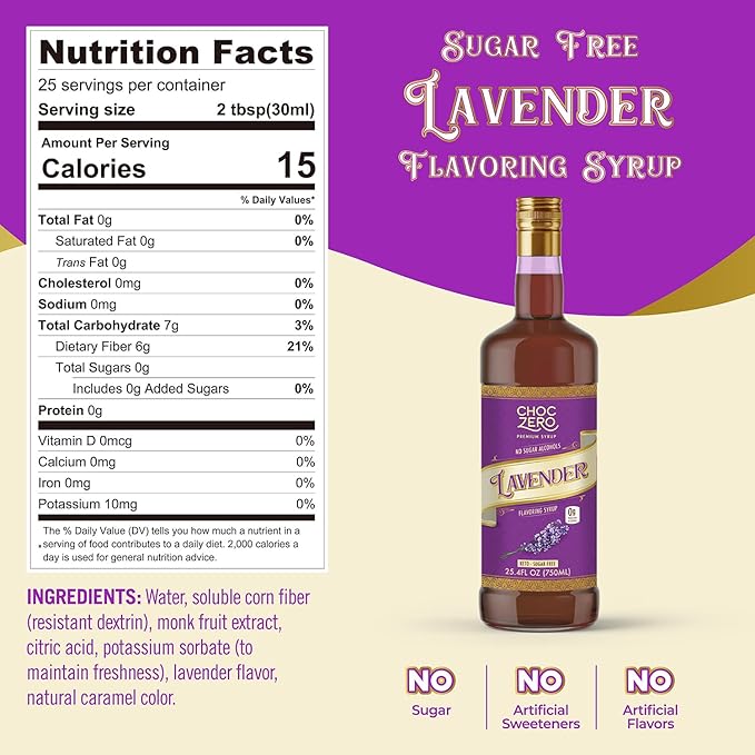 ChocZero Coffee Syrup, Lavender Flavor, Sugar Free Syrup for Drinks, Keto Friendly, 25.4 Fluid