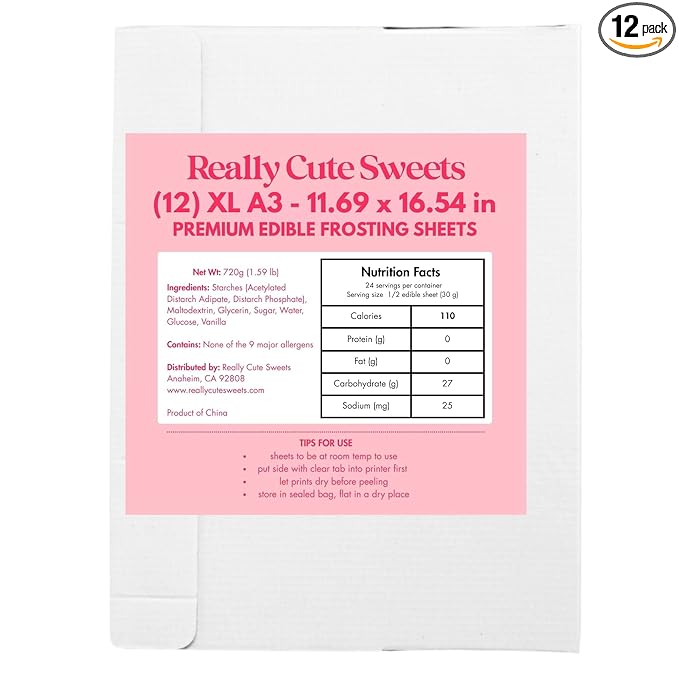 A3 XL Edible Frosting Sheets for Wide Format Edible Printers by Really Cute Sweets - 12-Pack