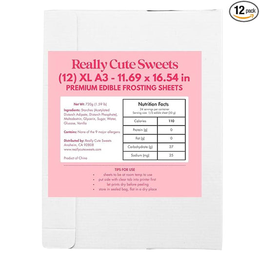 A3 XL Edible Frosting Sheets for Wide Format Edible Printers by Really Cute Sweets - 12-Pack