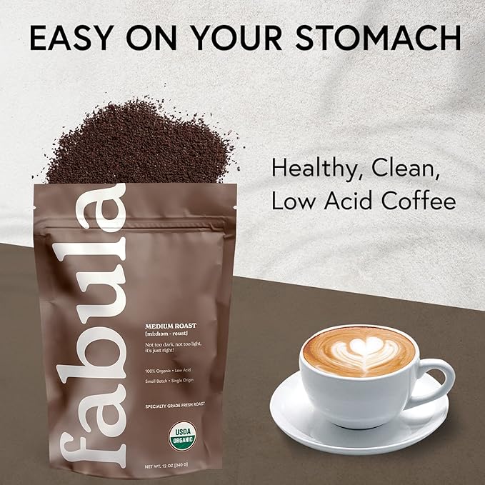 Fabula Low Acid Coffee, USDA Organic Ground Coffee Medium Roast - Non GMO - No Molds - Mycotoxins